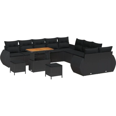 Afbeelding van vidaXL 13 delige Tuinsofaset met Kussens Zwart Poly Rattan Acacia, 3 Tuin Eettafelset Acacia