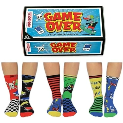 Afbeelding van sokken voor jongens Oddsocks Mismatched GAME OVER Cadeaudoos met 6 verschillende jongenssokken maat 30,5 tot 38