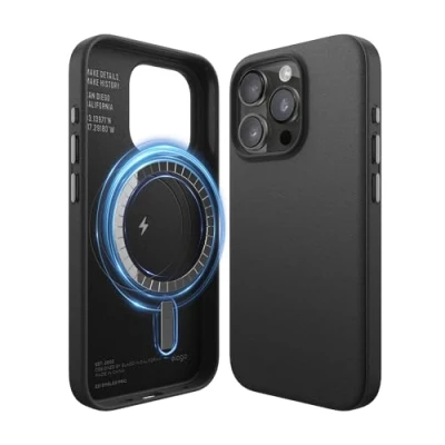 Afbeelding van elago Magnetische leren hoes compatibel met iPhone 15 Pro, alle MagSafe accessoires, 6,1 inch, geïntegreerde magneten, veganistisch leer, schokbestendig, waterdicht [zwart]