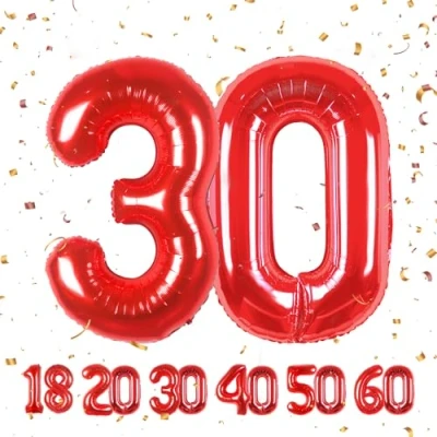 Afbeelding van Ballonnen verjaardag 30 rood 100 cm ballon cijfer 30, nummer Happy Birthday decoratie, ballonnen, verjaardagsfeest, jaren vliegen dankzij heliumballonnen