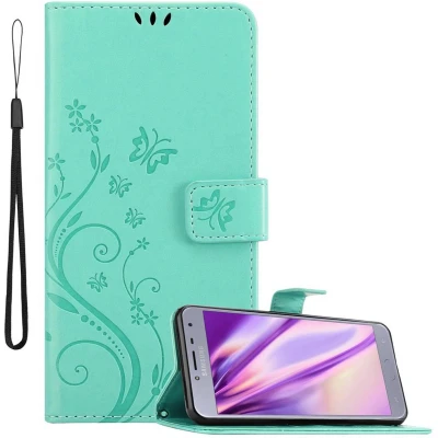 Afbeelding van Cadorabo Hoesje geschikt voor Samsung Galaxy J4 2018 in BLOEMEN TURKOOIS Beschermhoes bloemmotief met magnetische sluiting, standfunctie en kaartsleuven Book Case Cover Etui