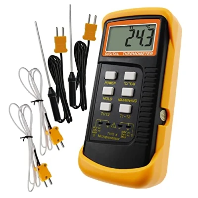 Afbeelding van Digitale thermometer met 2 kanalen, type K, warmtekoppels, 50 tot 1300 C, draagbaar, hoge temperatuur, dubbele meetschaal