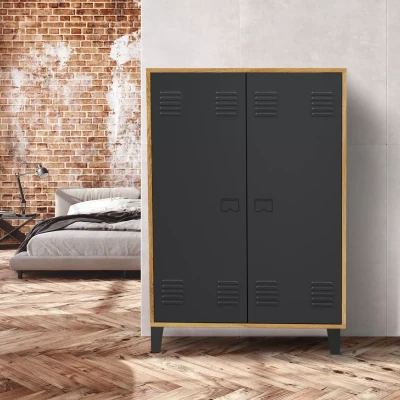 Image de Armoire basse ESTER 2 portes métal noir et contour bois design industriel