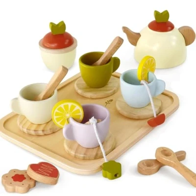 Afbeelding van Little Log houten theeset, keukenaccessoires voor kinderen, theeset speelgoed meisjes en jongens vanaf 3 jaar