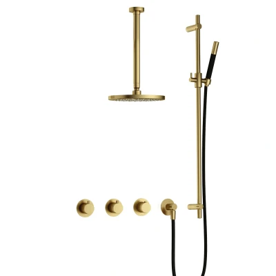 Afbeelding van Hotbath Cobber Regendoucheset IBS70 Geborsteld Messing PVD Staaf handdouche 20cm Hoofddouche 30cm Plafondbuis Handouche met glijstang