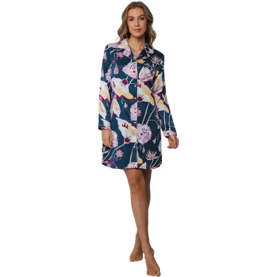 Afbeelding van Chique satijnen doorknoopnachthemd bloemen Blauw Maat 42