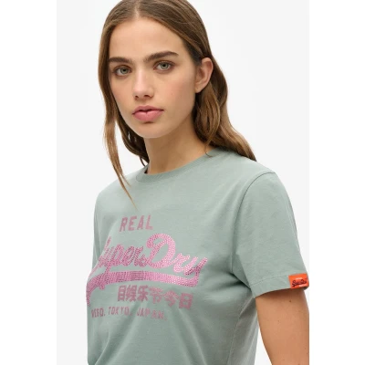 Afbeelding van Superdry Vintage LOGO Rhinestone Tshirt print, Dames, Maat: 40, Silver blue