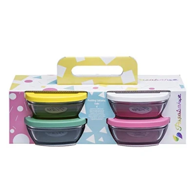 Afbeelding van Gekleurde glazen bewaarbakjes met deksel (pudding voorraadpot) 310ml 4 stuks