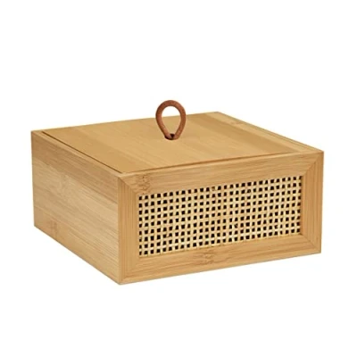 Afbeelding van WENKO Badbox Allegre M Decoratieve doos met deksel, trendy boho stijl, van bamboe en rotan, voor het opbergen badkameraccessoires of badkameraccessoires, naturel, 15 x 7 cm