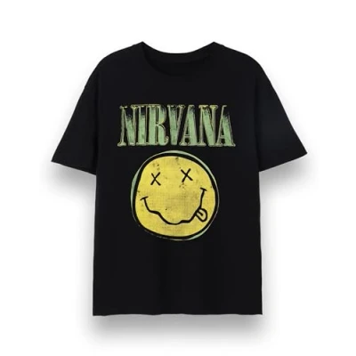 Afbeelding van Nirvana Heren T shirt Volwassenen Korte Mouw Grafische Tee in Zwart Klassiek Grunge Verouderd Groen Band Logo Print &amp; Gezichtskleding Bovenstuk Vintage Rock Merchandise Geschenk, zwart.