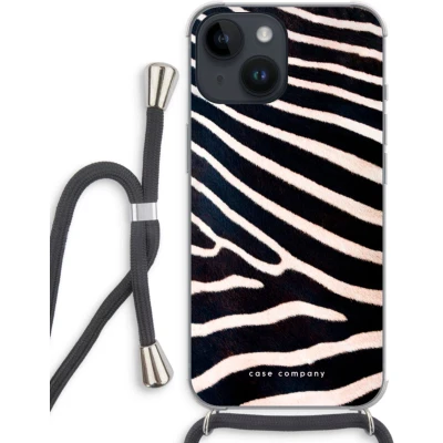 Afbeelding van Case Company® hoesje met Koord geschikt voor iPhone 14 Zebra Telefoonhoesje Zwart Extra Bescherming aan alle Kanten en Over de Schermrand