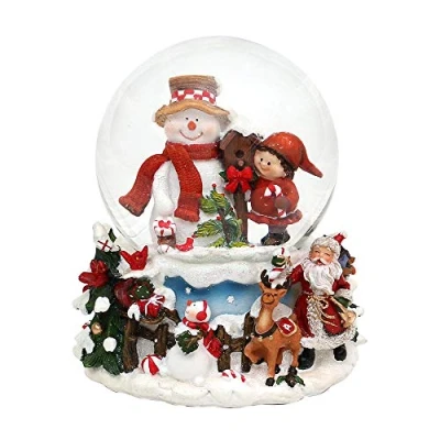 Afbeelding van Dekohelden24 Sneeuwpop sneeuwbal met kind op fijn versierde sokkel, speelmechanisme, melodie: witte kerst, afmetingen (l x b h): 12,5 12 14,5 cm, kogeldiameter: 10
