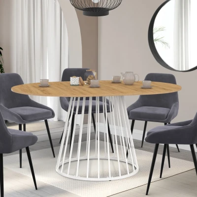 Afbeelding van Ronde uitschuifbare eettafel 110 150 cm voor 4 8 personen met houten blad en witte metalen draadpoot
