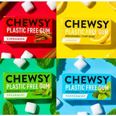 Afbeelding van Chewsy Bijpassende verpakking, natuurlijke en plasticvrije kauwgom, suiker aspartaamvrij, 100% xylitol goed voor de tanden, veganistisch 15 g (12 stuks, 120 stuks)