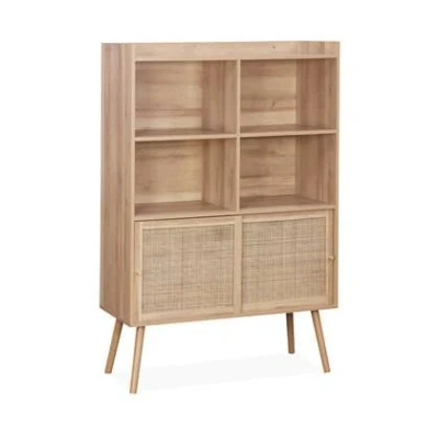 Afbeelding van sweeek Boekenkast met 5 planken, 2 schuifdeuren, hout en rieteffect