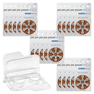 Afbeelding van Varta Power One 120 stuks gehoorapparaatbatterijen 20 x 6 Blister PR41 bruin 24607 + opbergdoos voor 2 gehoorapparaten (10, 13, 312, 675), batterijbox knoopcellen tot 12 mm (diameter hoogte)