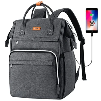 Afbeelding van Laptoprugzak, 15,6 inch, rugzak voor vrouwen, met USB oplaadpoort en RFID vak universiteit, school, werk, reizen (donkergrijs)