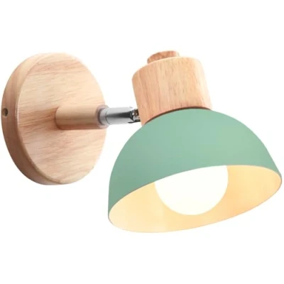 Afbeelding van iDEGU Industriële wandlamp, vintage, verstelbaar, van hout, metaal, retro, E27 fitting, wandlamp voor binnen, slaapkamer, woonkamer, hal, restaurant, 15 cm (1 stuks, groen)