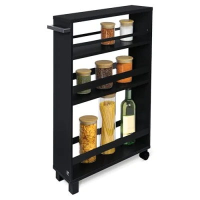Afbeelding van bomoe Hylla Keukentrolley op Wieltjes 50x79x15 cm Serveerwagen Hout met 3 Planken &amp; FSC® werkblad Zwart Bruin