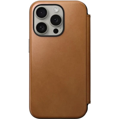 Afbeelding van Nomad Hoesje Geschikt voor Apple iPhone 15 Pro Modern Leather Folio Compatibel met MagSafe en Draadloos Opladen Book Case Pasjeshouder Echt Leer Englisch Tan