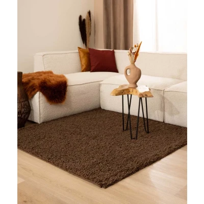 Afbeelding van Hoogpolig Tapijt/Vloerkleed Shaggy Trend Effen Bruin 140x140 Cm