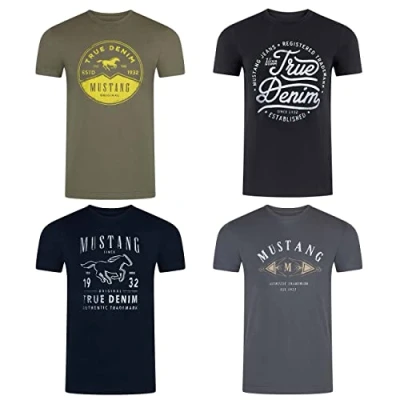Afbeelding van Mustang Set van 4 T shirts voor heren met print op de voorkant en ronde hals, Kleurenmix blauw zwart, (P25)