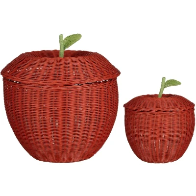 Afbeelding van Mica Decorations Opbergmand met Deksel Set van 2 H48 x Ø30 cm Rotan Rood