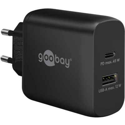 Afbeelding van Goobay USB C PD dual snellader (45 W) zwart 1x poort (Power Delivery) en A