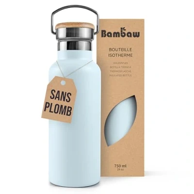 Afbeelding van Bambaw® 750ml RVS Thermosfles Dubbelwandig, Milieuvriendelijk, Lekvrijen, loodvrij en Plasticvrij Geïsoleerde Fles met Bamboe Deksel voor Warme Koude Dranken Ideaal Reizen, Werk, Yoga, Wandelen Dagelijks Gebruik lichtblauw