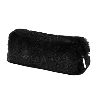 Afbeelding van Pennenetui, 5 kleuren, pennenetui van zacht en pluizig pluche, met ritssluiting, kaki, grijs, donkerroze, lichtroze, zwart, compact, zwart., Compact