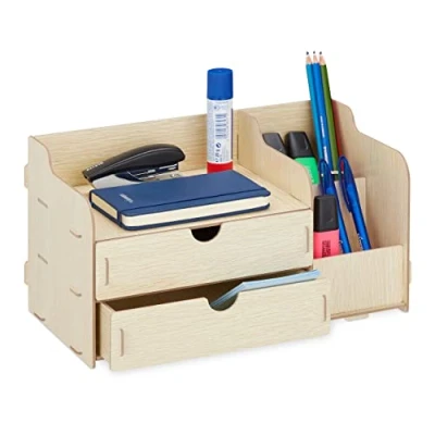 Afbeelding van Relaxdays bureau organizer met lades pennenbak pennenhouder moderne desk bruinen