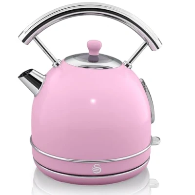 Afbeelding van Swan Retro elektrische waterkoker, verborgen weerstand, roestvrij staal, draadloos, vintage design, automatische uitschakeling, Strix controller, roze, 3000 W