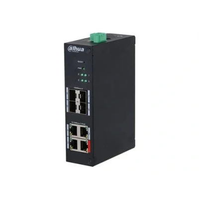 Image de Dahua HS4408 4ET 96 Commutateur durci Géré 4 x 10/100 (PoE) + Gigabit SFP (liaison montante) de bureau, Montage sur rail DIN PoE++ (96 W)