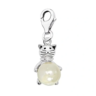 Afbeelding van Quiges 925 zilver Charm Bedel Hanger 3D Kat met Kunst Parel sterling karabijnslot geschikt voor Zinzi, Thomas Sabo Ti Sento Bedelarmband HC331