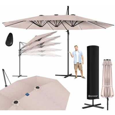 Afbeelding van KESSER® Dubbele parasol 4,6 m x 2,7 m, zweefparasolhoes en windbescherming Met zwengel standaard, zwengelparasol van aluminium, waterdicht, kantelbaar 360 draaibaar, Taupe, led