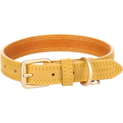 Afbeelding van Leren halsband hond Virginia met Ring ID hanger geel S M