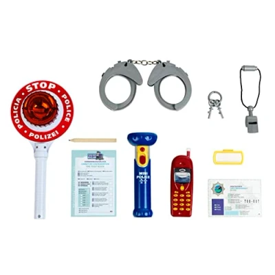Afbeelding van Klein Toys 10 delige politie set handboeien met sleutel, mobiele speelgoedtelefoon, fluitje, politiescheplepel zwaailicht en zaklamp rood wit blauw