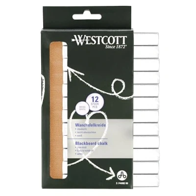 Afbeelding van Westcott E 744982 00 12 stuks wit krijt, diameter 1,2 cm, in ondoorzichtig wit, stofarm en gemakkelijk te reinigen, 8,5 cm lang