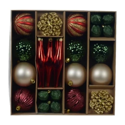 Afbeelding van Decoris Kerstballen en ornamenten set 46 delig rood/groen/champagne kunststof kerst