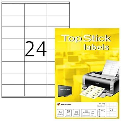 Afbeelding van TopStick 8400 adreslabels A4 (70x36mm, 800 vellen, papier, mat) zelfklevend, bedrukbaar, universeel permanent hechtend, 19200 zelfklevende etiketten, wit