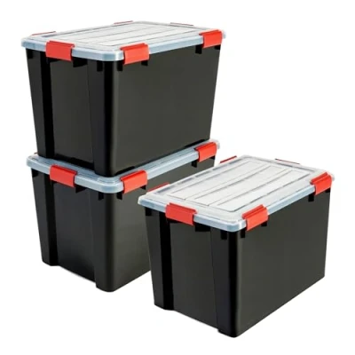 Afbeelding van Iris Ohyama, Opbergdoos, luchtdicht, 70 l, 3 stuks, zwart, deksel met waterdichte afdichting, 6 sluitclips, stapelbaar, voor buiten, garage, kleding, stofdicht, BPA vrij, DDAT LD