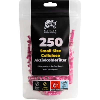 Afbeelding van KAiLAR 250 stuks Slim roze cellulose actieve koolfilters (6 mm) met veganistische kool gemaakt van kokosnootschelpen, voor een zwakkere en meer rookervaring