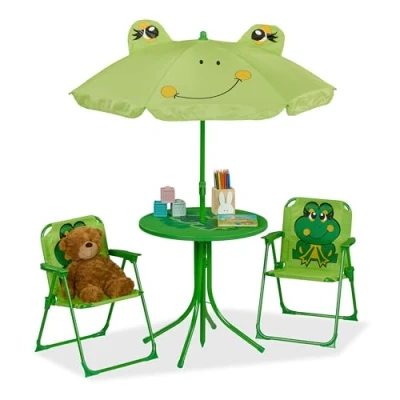 Afbeelding van Relaxdays Campinglounge voor kinderen, kikkermotief, kinderzitje met paraplu, klapstoelen en tafel, tuin, groen