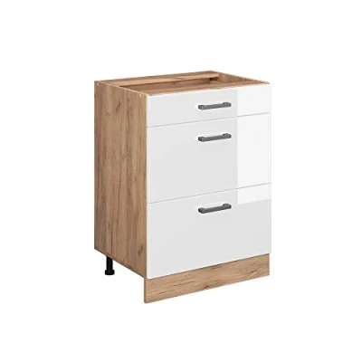 Afbeelding van Vicco Keukenonderkast R Line, Wit Hoogglans/Bruin, 60 cm met laden, zonder werkblad