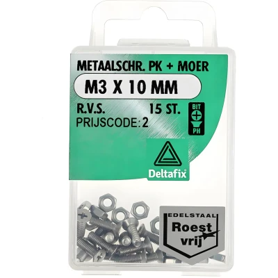 Afbeelding van M.schroef moer pk m3x10mm rvs 15st Deltafix