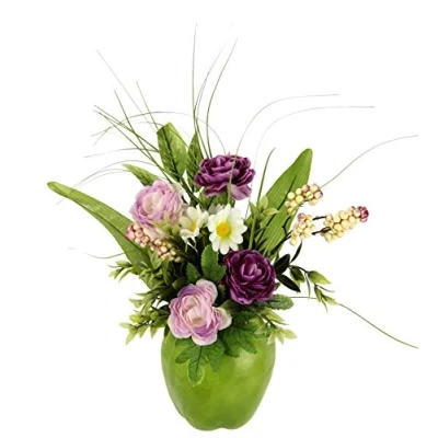 Afbeelding van arrangement ranonkel in appelpot, kunstbloesems kunstbloesems, onnechte bloesems, voorjaarsdecoratie, tafeldecoratie, voorjaar, Pasen, paasdecoratie