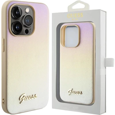 Afbeelding van Guess Saffiano Iridescent Script hoesje voor iPhone 14 Pro Max goud