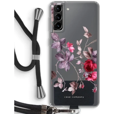 Afbeelding van Case Company® hoesje met Koord geschikt voor Samsung Galaxy S21 Plus Mooie bloemen Telefoonhoesje Zwart Bescherming aan alle Kanten en Over de Schermrand