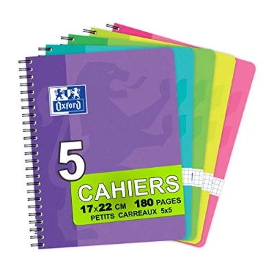 Afbeelding van Oxford 5 notitieboeken, spiraalbinding, 17 x 22 cm, 180 pagina&#039;s, geruit, verschillende kleuren