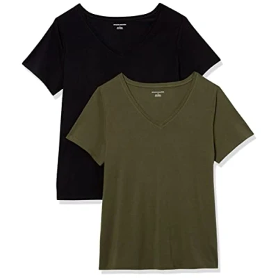 Image de Amazon Essentials Lot de 2 t shirts à manches courtes et col en V pour femme, coupe classique, noir/olive, taille 1X